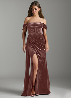 Azazie Amyra Bridesmaid Dresses Espresso Sheath Off the Shoulder Velvet Convertible Dress image5