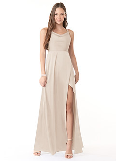 Azazie Naomie Brudtärnklänningar Klänning av A-Linje i Stretch Satin Sidoskärning med kolsvart halsringning Vit Alabaster image1