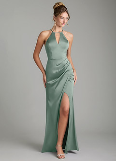 Azazie Aidyn Robes de demoiselle d'honneur Robe Fourreau en Satin extensible Plissée Sauge D'argent image1