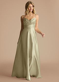 Azazie Oliana Jurken voor bruidsmeisjes Jurk van Metaalachtig Satijn met A-Lijn Geplooid Mosgroen image5