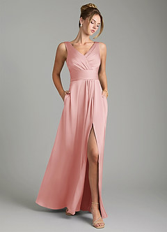 Azazie Karina Bridesmaid Dresses Powder Pink A-Line Pleated Stretch Satin Dress image1