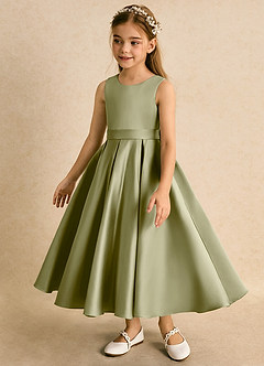 Azazie Junebuj Flower Girl Dresses Moss Green Ball-Gown Pleated Matte Satin Dress image3