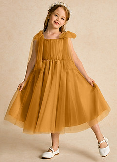 Azazie Dori Robe Demoiselle D'honneur Fillette Robe Trapèze en Tulle Rayé Caramel écossais image4