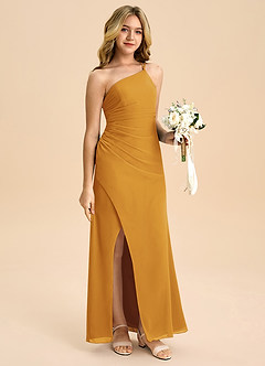 Azazie Eren Junior Vestido Caramelo de Chiffon de Linha A com Plissado image3