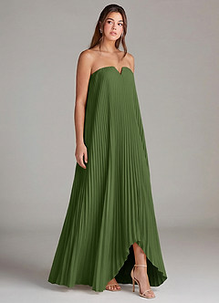 Azazie Sierra Jurken voor bruidsmeisjes Converteerbaar Jurk van Stretch Satijn met A-Lijn Strapless Olijf image4