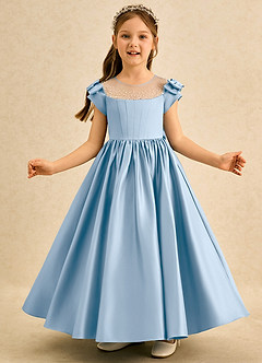 Azazie Toffee Robe Demoiselle D'honneur Fillette Robe Princesse en Mat Satiné Nœud Poudre Bleue image3