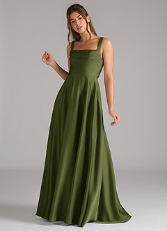 Azazie Shaude Bridesmaid Dresses Olive A-Line Pleated Stretch Satin Dress image5