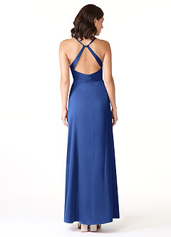 Azazie Geanna Bridesmaid Dresses Royal Blue Sheath V-Neck Pleated Stretch Satin Dress image2