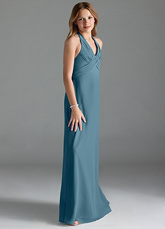 Azazie Tessie Junior A-Linie Plissee Chiffon Kleid Bermudablau image4