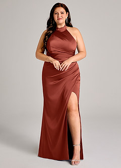 Azazie Jemma Bridesmaid Dresses Terracotta Sheath Pleated Stretch Satin Dress image7