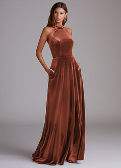 Azazie Larice Bridesmaid Dresses Terracotta A-Line with Pockets Velvet Dress image1