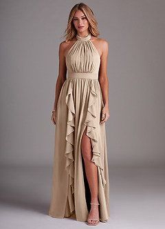 Azazie Avary Bridesmaid Dresses Taupe A-Line Pleated Chiffon Dress image1