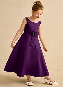 Azazie Eve Flower Girl Dresses Grape A-Line Pleated Matte Satin Dress image3