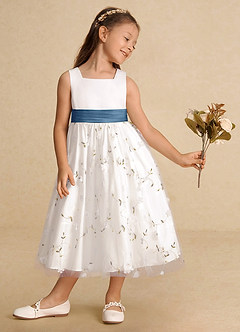 Azazie Pollie Blumenmädchenkleider A-Linie Schleifen Tüll Kleid Elfenbein Stahlblau image4