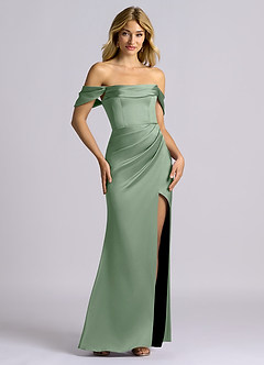 Azazie Auden 신부 들러리 드레스 쉬스 오프 더 숄더 스트레치 새틴 바닥 길이 드레스 image7