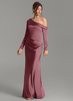 Azazie Sandra Bridesmaid Dresses Desert Rose Mermaid Long Sleeve Stretch Satin Dress image4