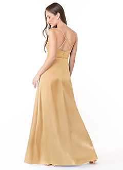 Azazie Naomie Vestidos de damas de honor Vestido de Oro de Satén Elástico de Corte en A con Cuello V con abertura lateral image2
