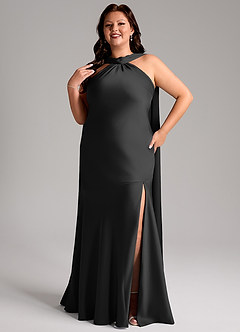 Azazie Kinsley Bridesmaid Dresses Black Mermaid Side Slit Stretch Satin Dress image11