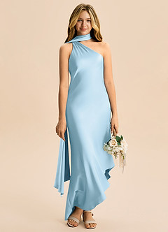 Azazie Briony Junior Vestido Céu Azul de Cetim elástico de Bainha com Plissado image5