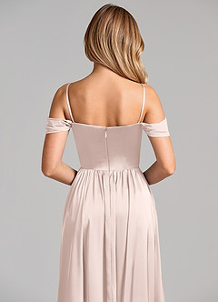 Azazie Raisa Bridesmaid Dresses Blushing Pink A-Line Off the Shoulder Stretch Satin Dress image2