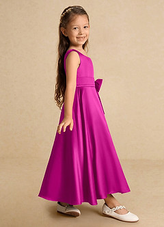 Azazie Lindy Flower Girl Dresses Fuchsia A-Line Pleated Matte Satin Dress image5