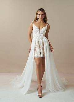 Azazie Maylie At-home Try On Dresses Diamond White Champagne Lace Tulle Dress image1