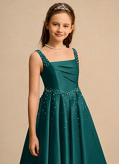 Azazie Mochi Girls Formal Robe Demoiselle D'honneur Fillette Robe Princesse en Mat Satiné Plissée Paon image7