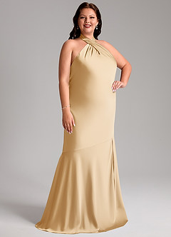 Azazie Lorena Robes de demoiselle d'honneur Robe Sirène en Satin extensible Plissée Or image5