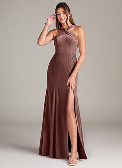 Azazie Rue Bridesmaid Dresses Espresso A-Line Pleated Velvet Dress image3