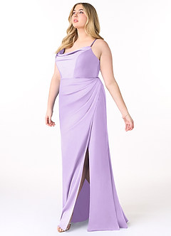 Azazie Marzia Bridesmaid Dresses Lilac Sheath Cowl Pleated Stretch Satin Dress image9