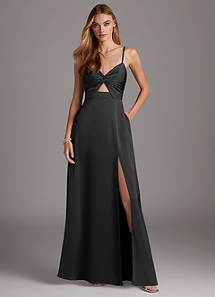 Azazie Jenna Bridesmaid Dresses Black A-Line Pleated Stretch Satin Dress image2