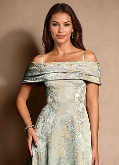 Azazie New Britain Essayer des robes à la maison Robe Trapèze en Jacquard Plissée Bleu Vintage image8