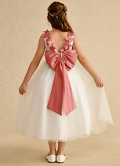 Azazie Lilli Blumenmädchenkleider A-Linie Schleifen Tüll Kleid Elfenbein Lachsrosa image2