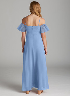 Azazie Sue Junior Jurk van Chiffon met A-Lijn Off the Shoulder Staal Blauw image4