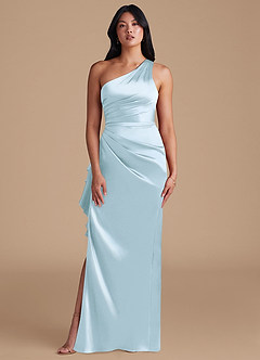 Azazie Latrice Bridesmaid Dresses Sky Blue Sheath One Shoulder Metallic Satin Dress image2