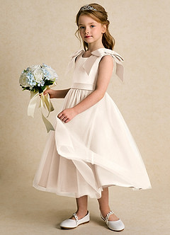 Azazie Serene vestidos de niña de las flores Vestido de Alabastro Blanco de Satin Mate de Princesa con Lazo image2
