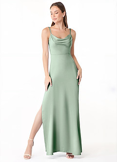 Azazie Alaija Bridesmaid Dresses Agave Mermaid Side Slit Stretch Satin Dress image2