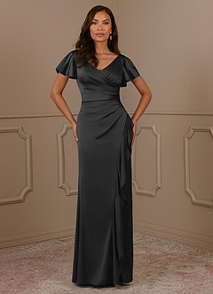Azazie Roya Mère de la mariée Robes Robe Sirène en Satin extensible Col en V Plissé Noir image2