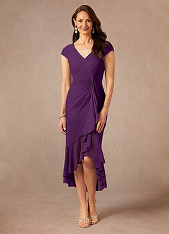 Azazie Renetta Mother of the Bride Dresses Grape Sheath V-Neck Pleated Mesh Dress image4