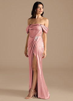 Azazie Lynden At-home Try On Dresses Auburn Sheath Off the Shoulder Metallic Satin Convertible Dress image7