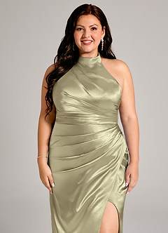 Azazie Jemma Bridesmaid Dresses Moss Green Sheath Pleated Metallic Satin Dress image12