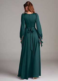 Azazie Leonia Bridesmaid Dresses Pine A-Line Long Sleeve Stretch Satin Dress image2