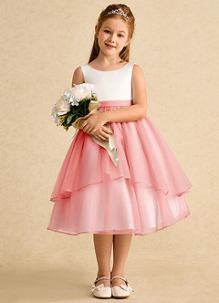 Azazie Rene Flower Girl Dresses Ivory Coral A-Line Bow Tulle Dress image3