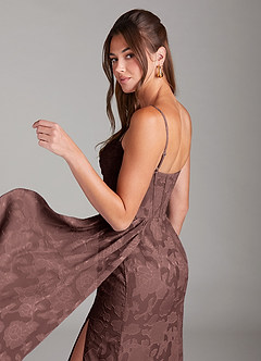 Azazie Denisa Bridesmaid Dresses Espresso Sheath Pleated Floral Burnout Dress image5