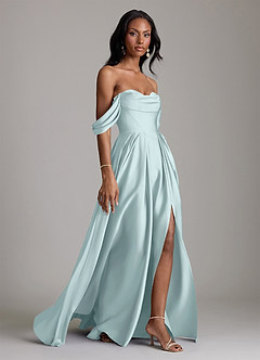 Azazie Loisa Abiti da Damigella Abito A-Line in Raso Elasticizzato a Spalla Scoperta Nebbia image11