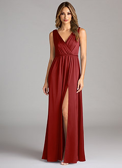 Azazie Tanicia Bridesmaid Dresses Pomegranate A-Line Pleated Stretch Satin Dress image3