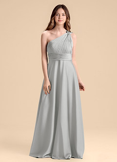 Azazie Charlize Junior Silver A-Line Pleated Stretch Satin Dress image1