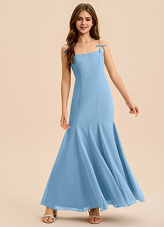 Azazie Evey Junior Vestido de Azul Acero de Gasa de Corte Sirena con Plisado image3