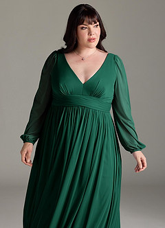 Azazie Norah Bridesmaid Dresses Emerald A-Line V-Neck Long Sleeve Chiffon Dress image12