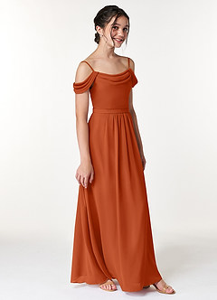 Azazie Alivia Junior Burnt Orange A-Line Off the Shoulder Chiffon Dress image3
